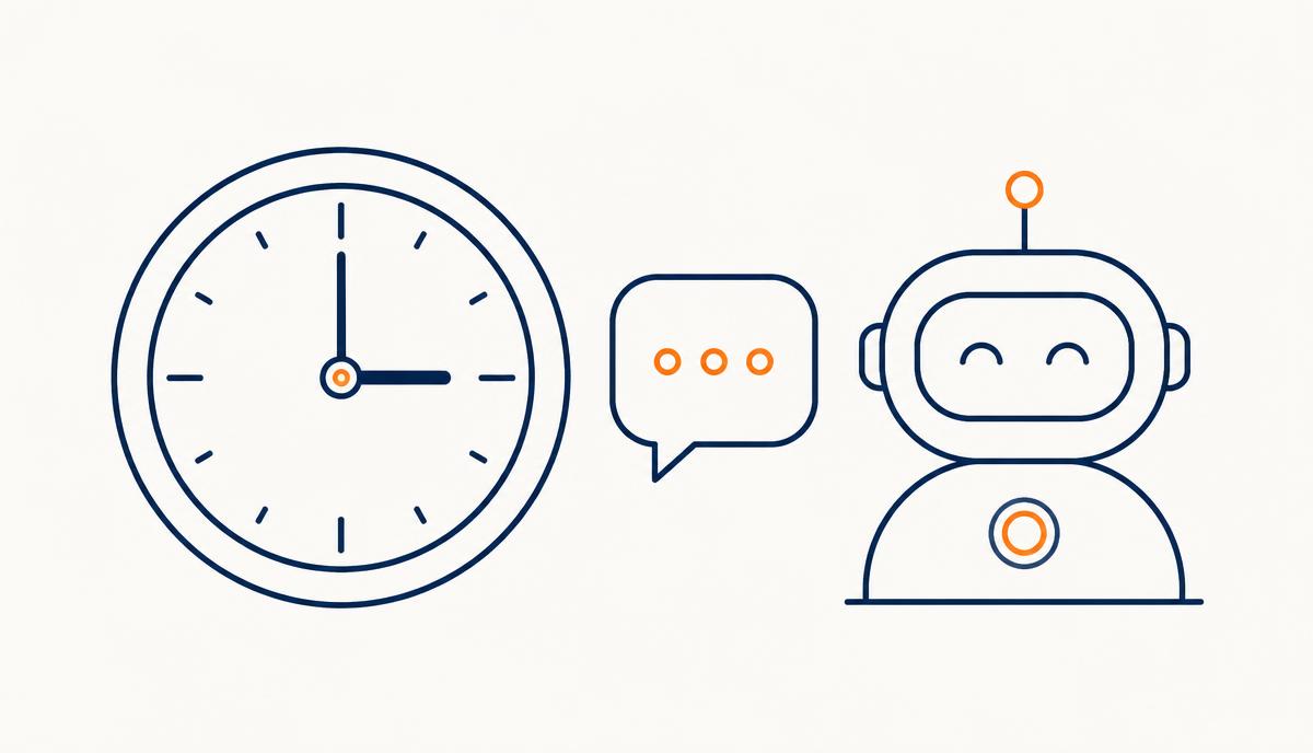 Ilustración lineal de un reloj marcando las tres, una burbuja de chat y un asistente digital