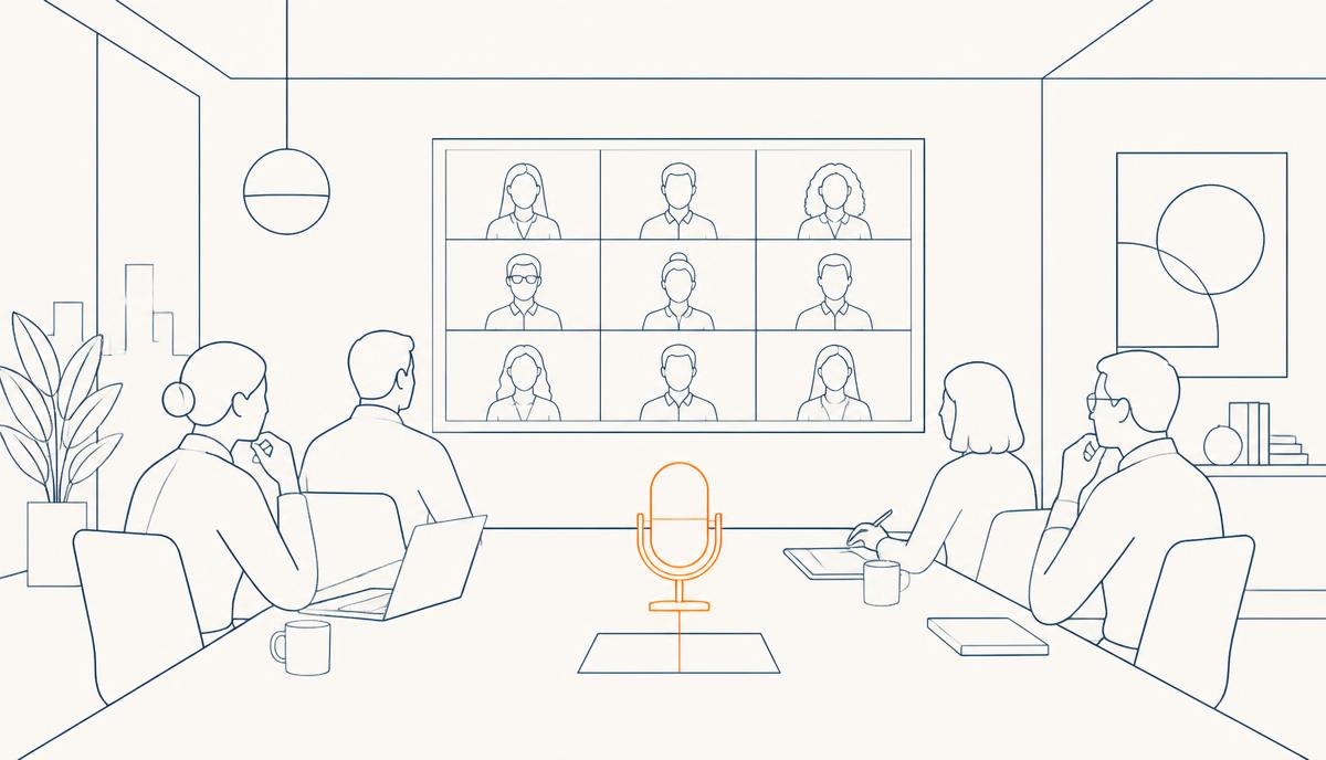 Ilustración lineal de una sala de reuniones híbrida con pantalla de participantes remotos