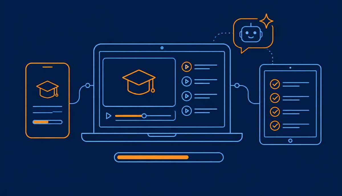 Ilustración lineal sobre fondo azul marino de una laptop con un curso en línea y birrete de graduación, conectada a un teléfono, una tableta y un asistente de inteligencia artificial
