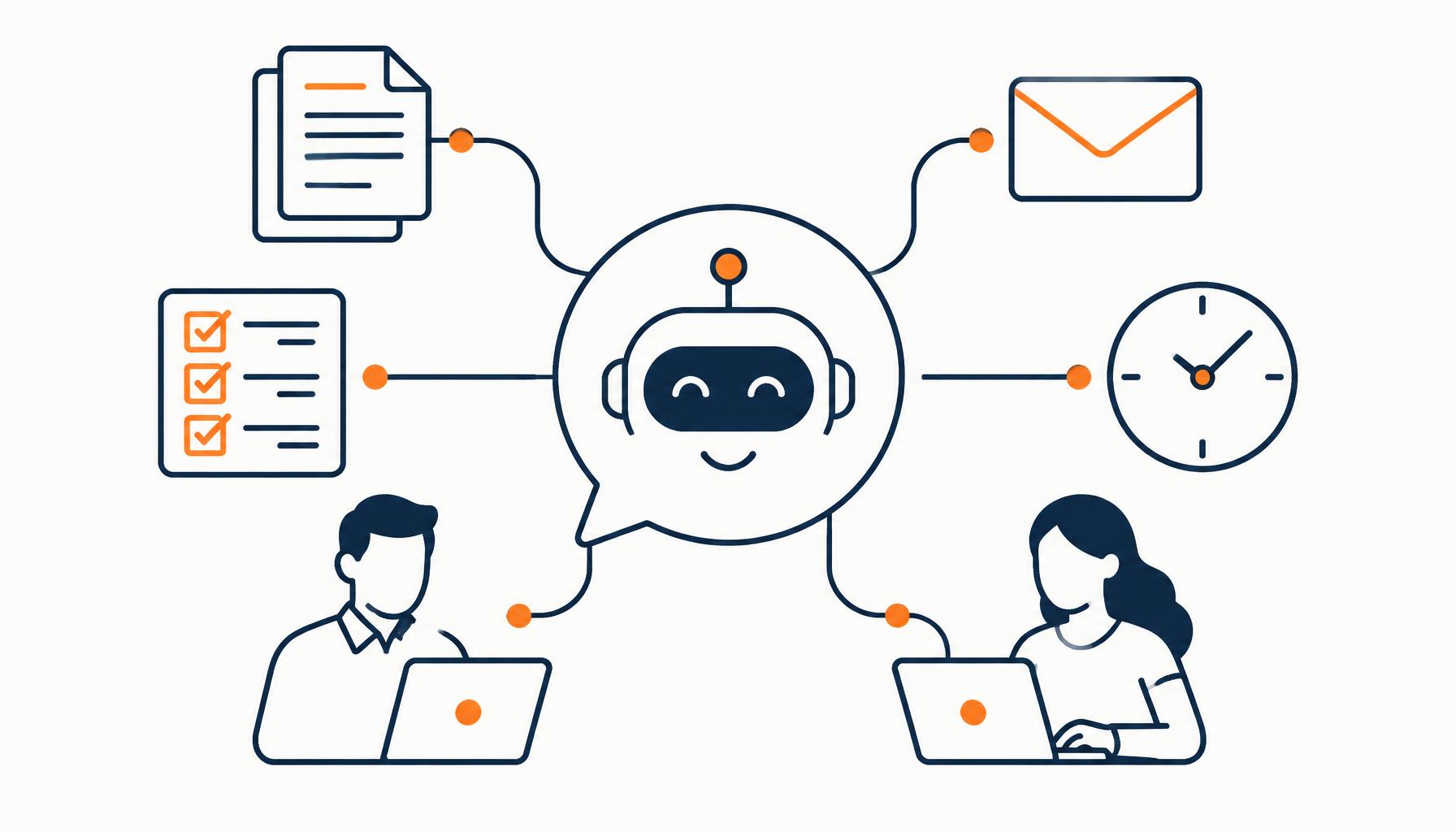 Ilustración lineal sobre fondo claro de un asistente digital de inteligencia artificial dentro de una burbuja de chat, conectado a documentos, correos, listas de tareas, un reloj y dos personas trabajando en laptops
