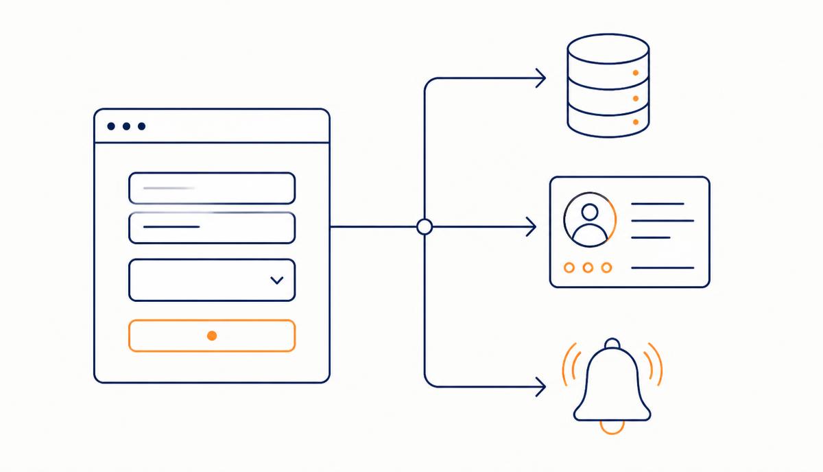 Ilustración lineal de un formulario web conectado a una base de datos, una ficha de cliente y una notificación