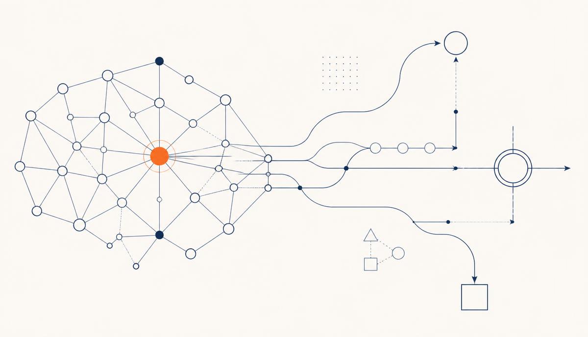 Ilustración lineal de una red neuronal conectada a un flujo de procesos