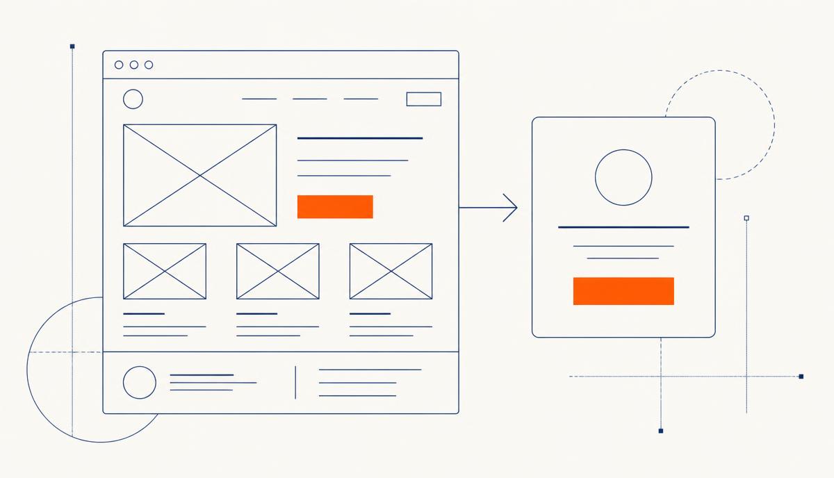 Ilustración lineal de un wireframe de sitio web con llamada a la acción destacada