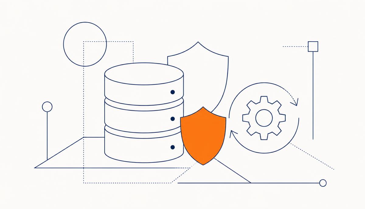 Ilustración lineal de bases de datos con escudo de seguridad y engranaje de actualización